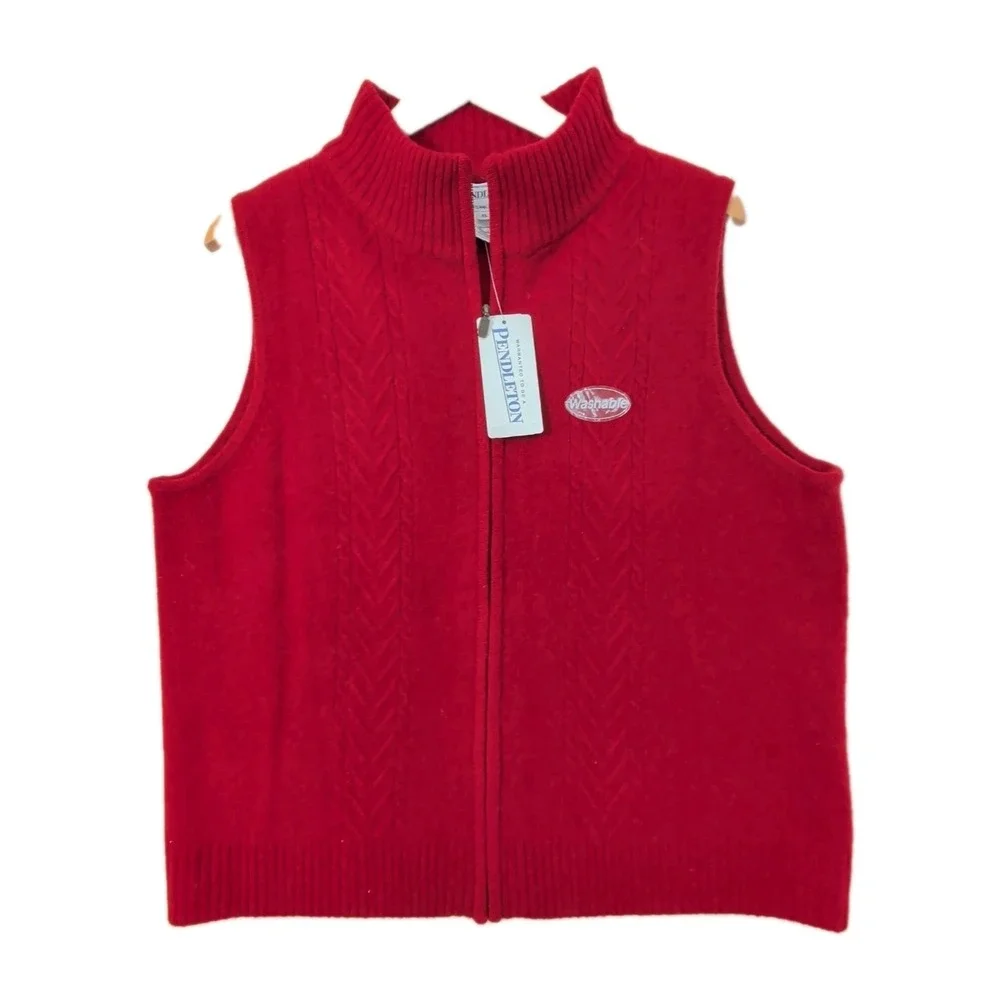 Pendleton Lambs Wool Full Zip Sweater Vest Womens XL Red Cable Knit Fall Winter